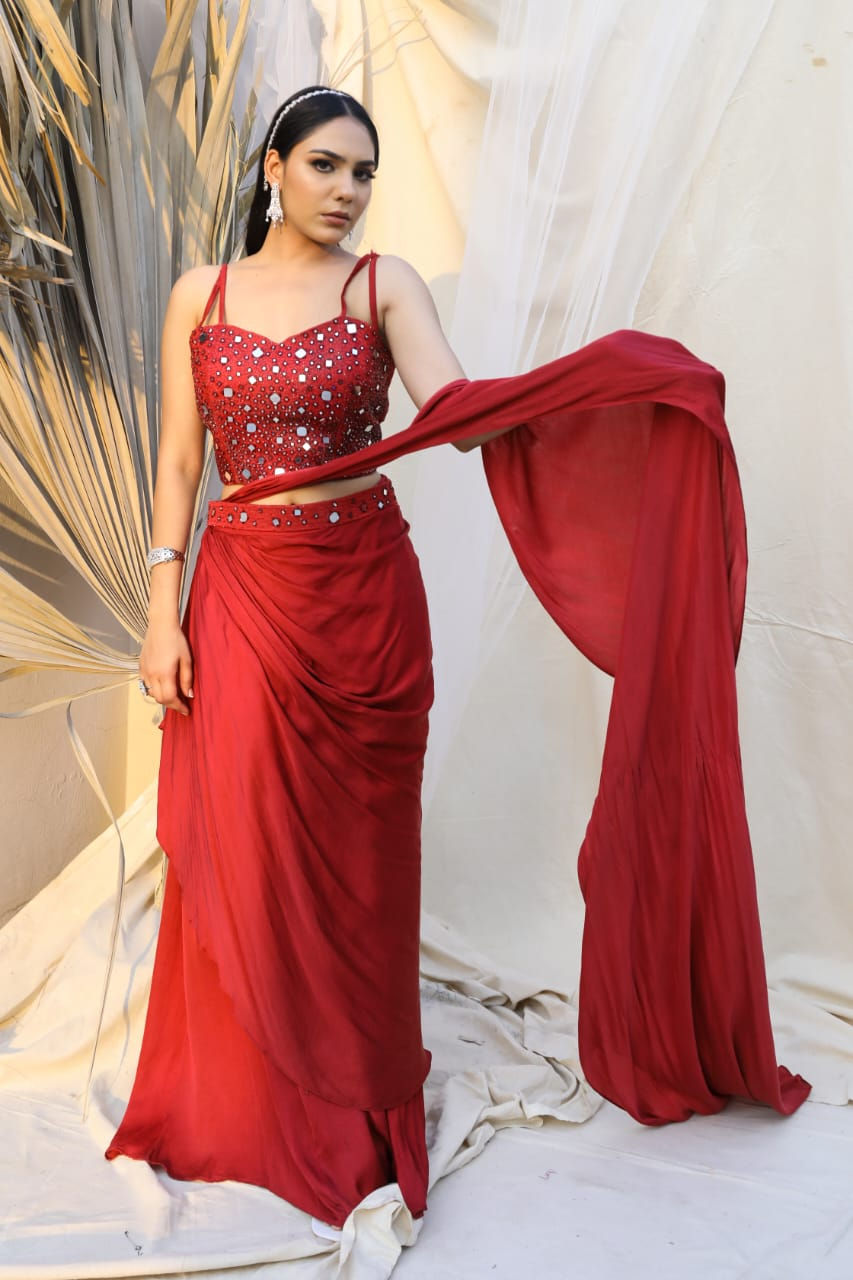 Thumbnail: Red draped saree with mirror work