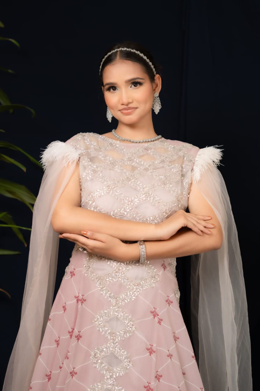 Thumbnail: Lavender DNA gown with fur and drape sleeve