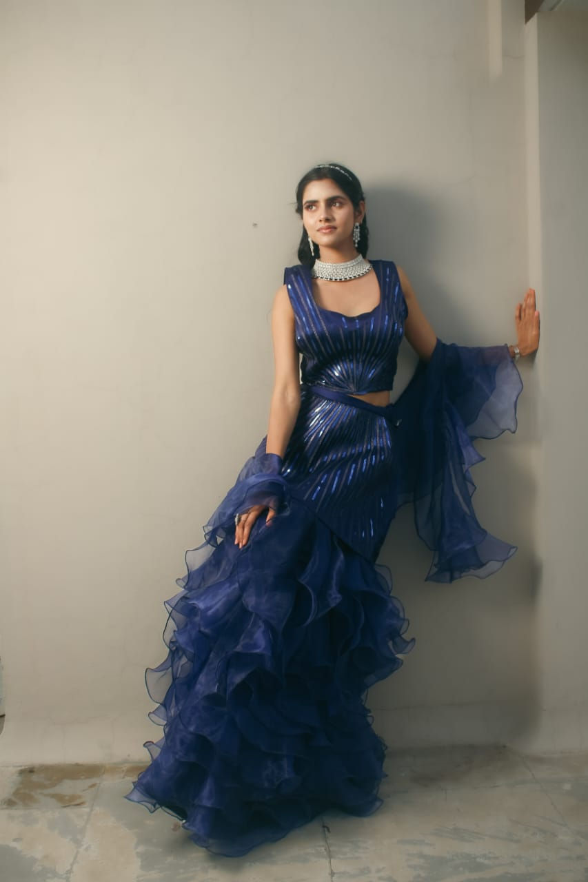 Thumbnail: Navy blue sequin lehenga with ruffles