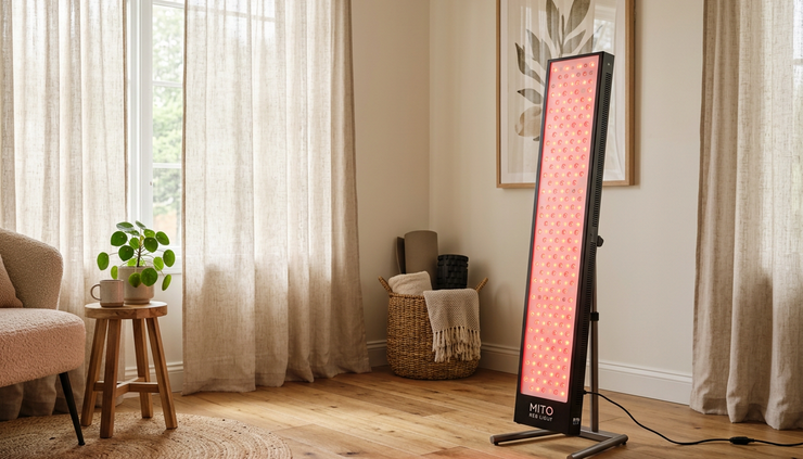 Wide-angle view of a red light therapy panel glowing in a calm home room.