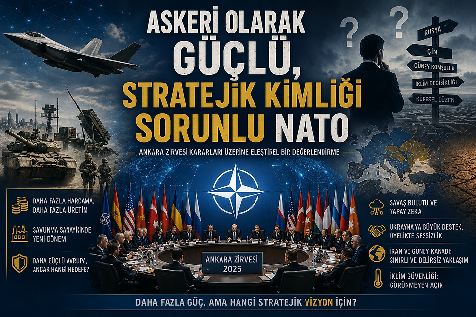 NATO zirvesi afişi; jet, tank ve toplantı masasında liderler, arka planda soru işaretleri, Ankara Zirvesi 2026.