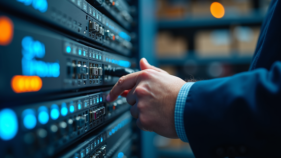 Close-up view of a network engineer configuring SD-WAN equipment