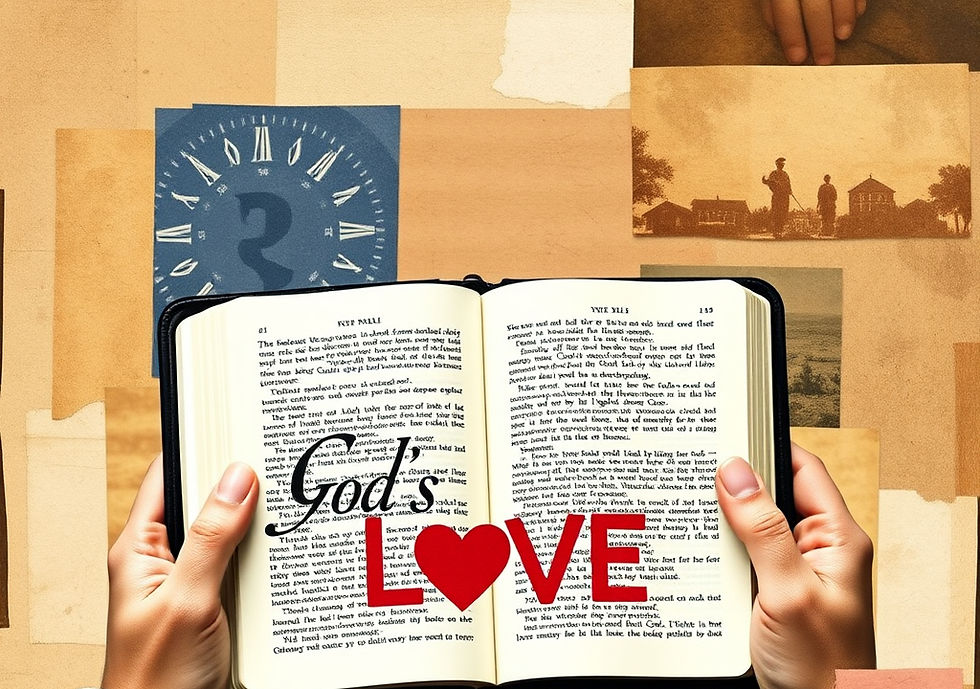 Close-up view of hands holding an open Bible with highlighted verses about love