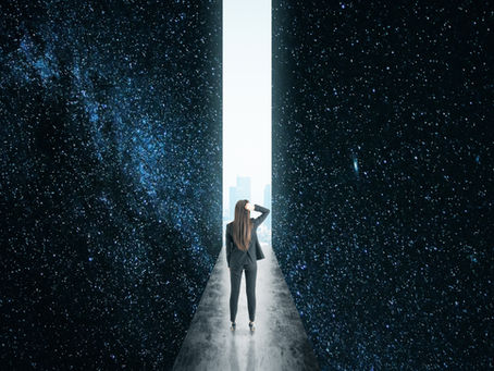 Business leader standing before an opening symbolizing business consistency, strategic decisions, and long-term success.