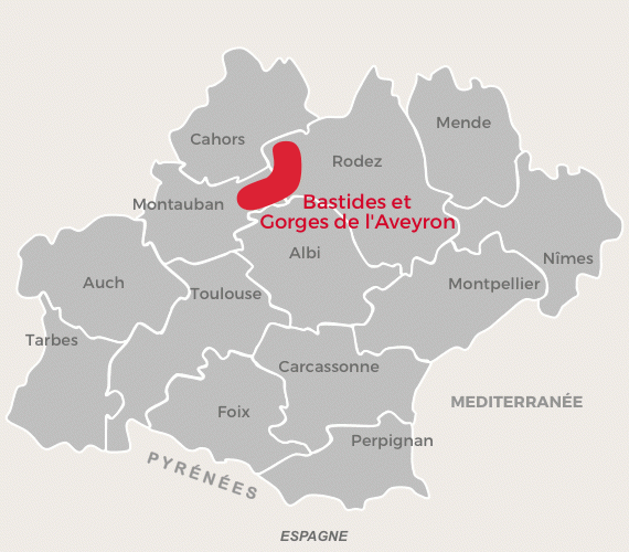 Carte de la zone bastide et gorges de l'Aveyron. De villeneuve à saint antonin en passant par Najac Laguépie et Caylus