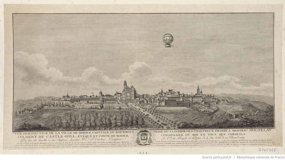 Gravure de charles carnes en vol au dessus de Rodez