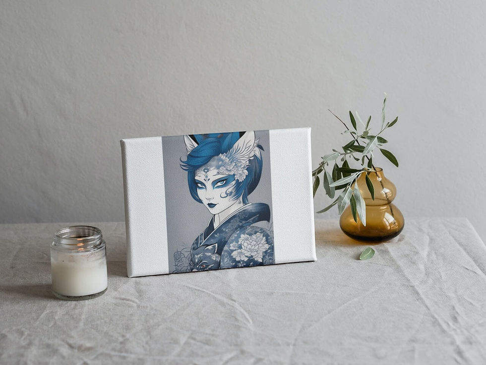 Miniatura: PI0401 - Quadro de um desenho de um rosto de uma gueixa azul