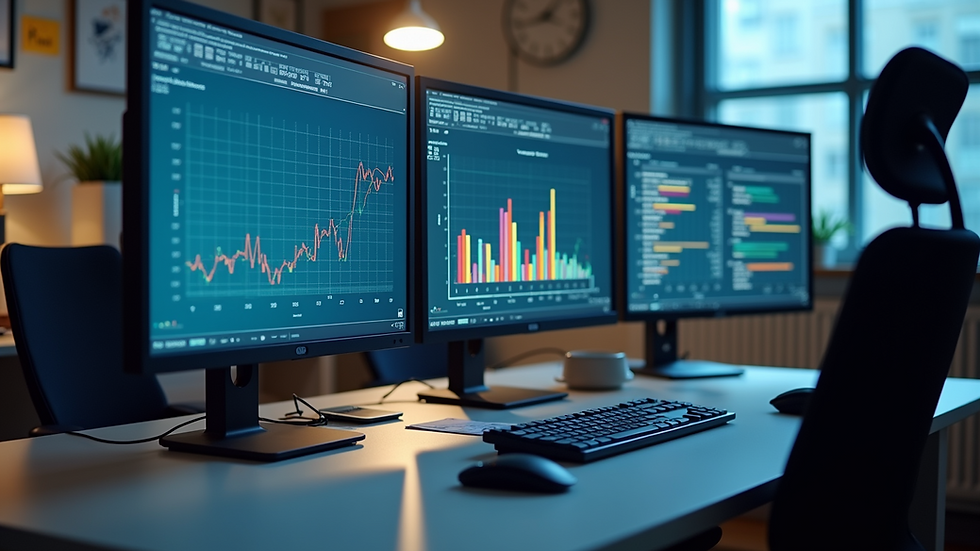 Eye-level view of a modern office workspace with multiple screens showing software dashboards