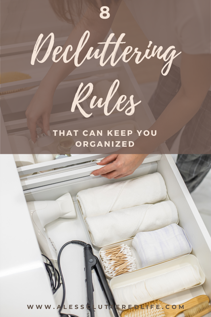 Pinterest graphic showing a neat drawer that is promoting an article about decluttering rules.