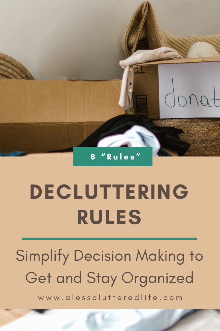 Graphic showing boxes of clothing for donation promoting an article about decluttering rules.