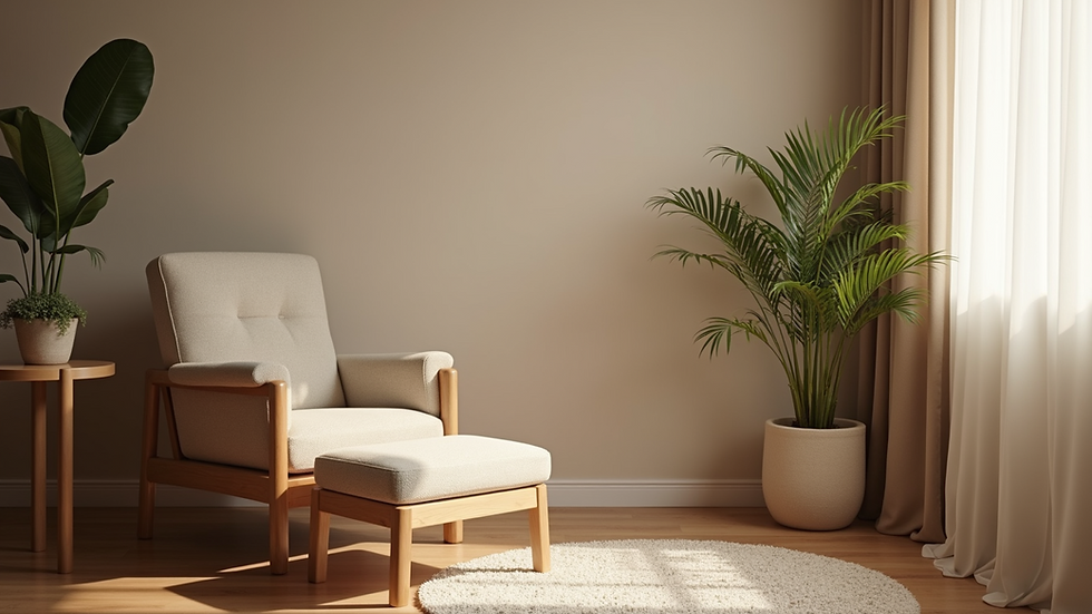 Eye-level view of a cozy therapy room with a comfortable chair and soft lighting