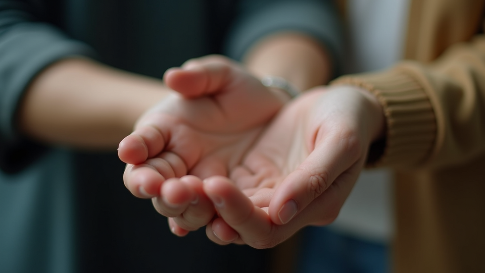 Close-up view of two hands gently holding each other