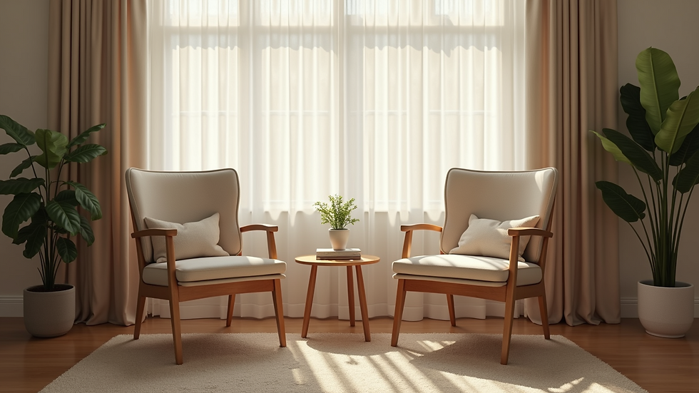 Eye-level view of a cozy therapy room with two chairs facing each other