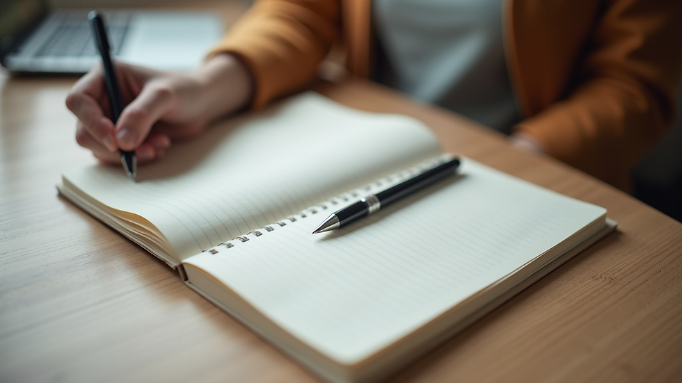 Close-up view of a notebook with therapy notes and a pen on a wooden table