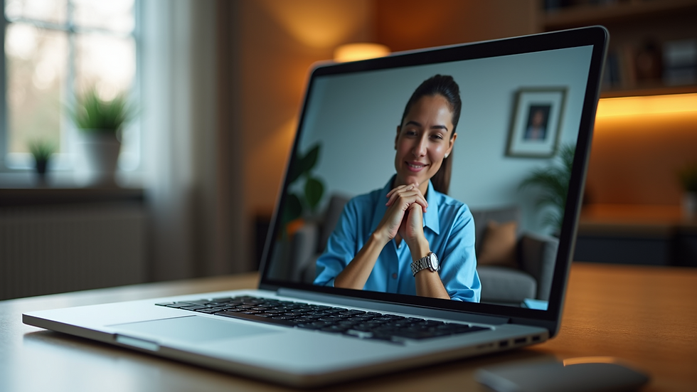 Close-up view of a laptop screen showing a virtual therapy session