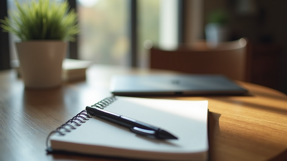 Close-up view of a journal and pen on a wooden table, symbolizing self-reflection and growth