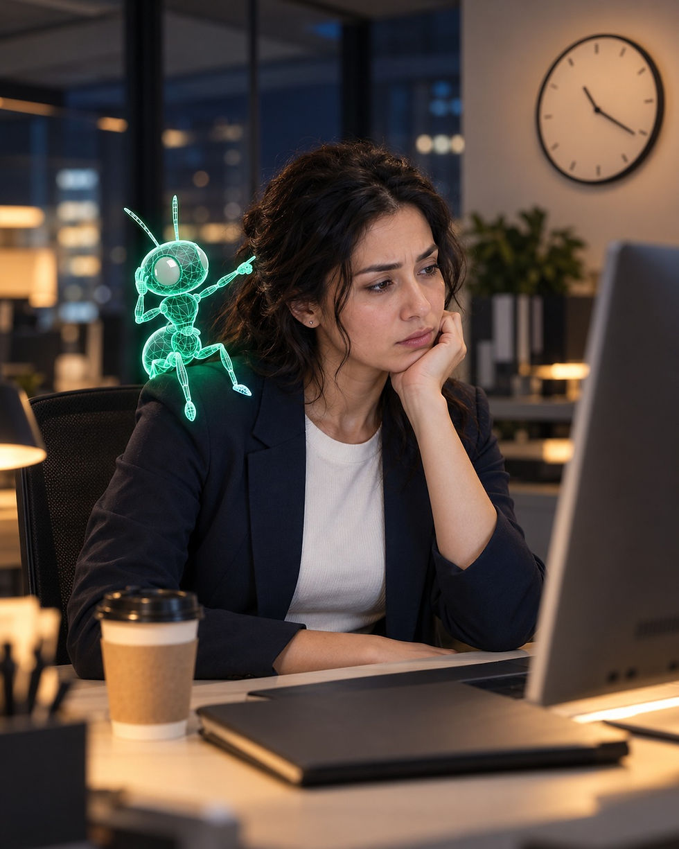 Tired retail manager working late on a report in a supermarket back office, with the 11Ants AI ant on her shoulder