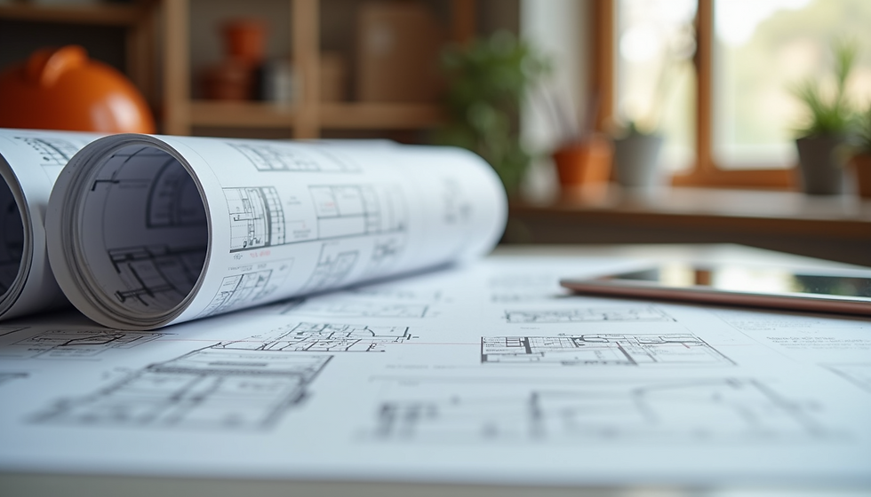 Rolled architectural blueprints on a desk with a tablet nearby. Background features blurred shelves and a window with potted plants.