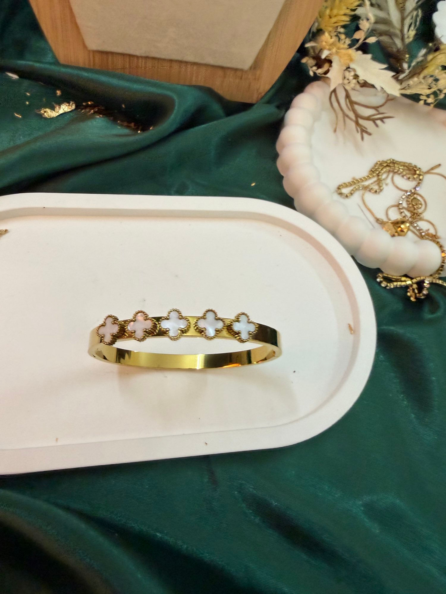 White clover charm cuff bracelet 