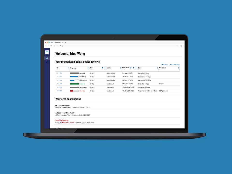 Desktop UI design of a user's dashboard of their medical device submissions.