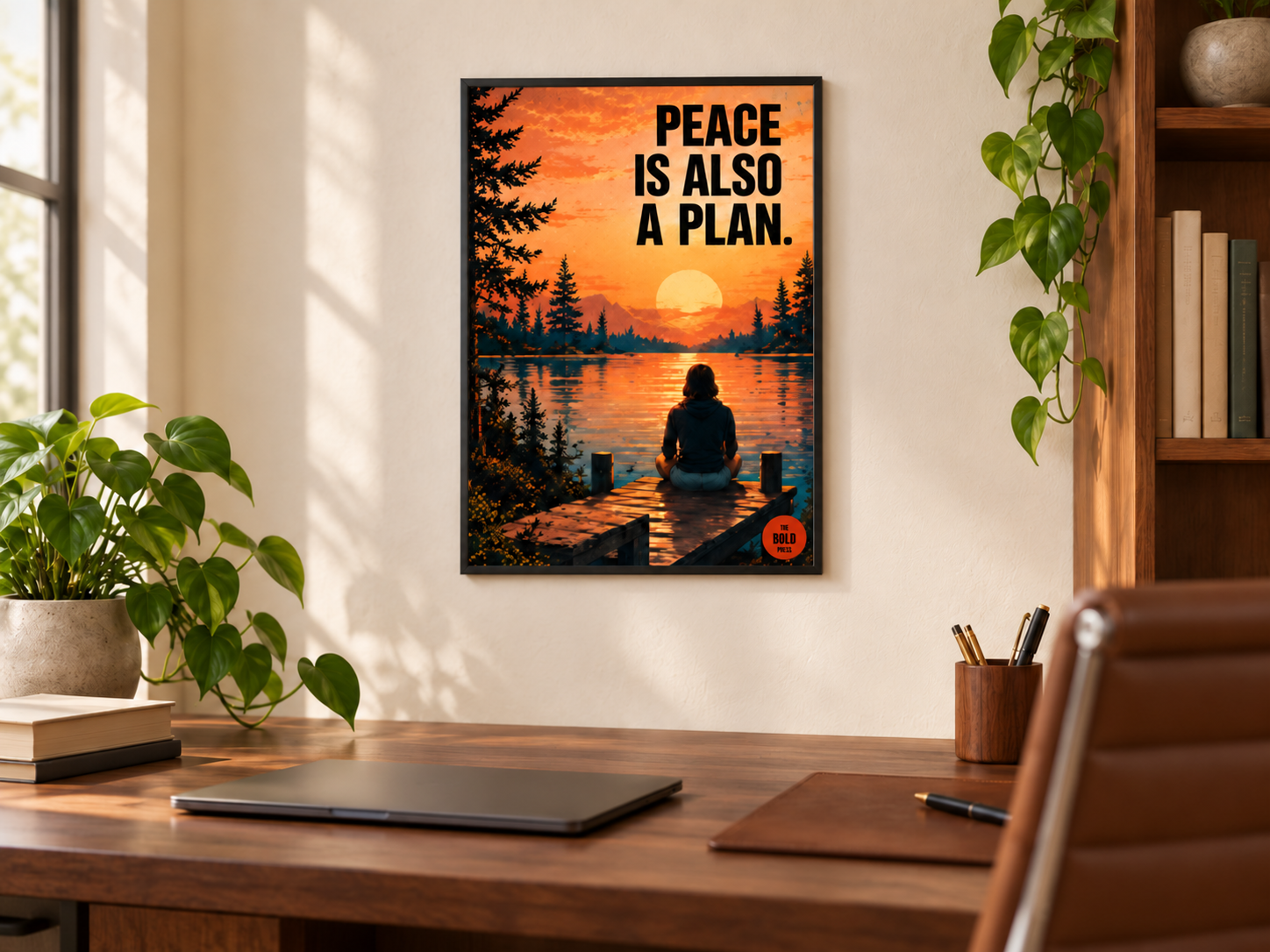 Peace Is Also a Plan — Sunset — branded framed styling mockup 1