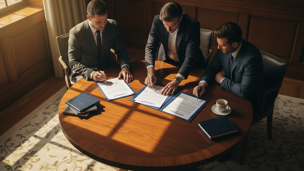 High angle view of a business meeting discussing contract documents