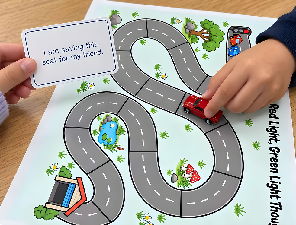 Child moves a red toy car on a winding road worksheet while a card says I am saving this seat for my friend.