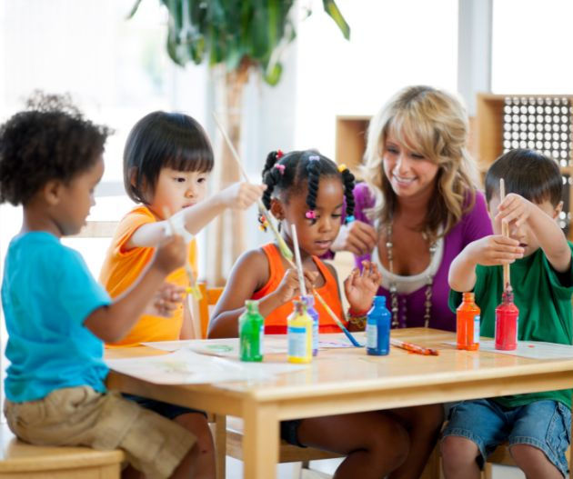 Children painting at a classroom table with a teacher. Bright paint bottles, happy expressions, and light-filled background.