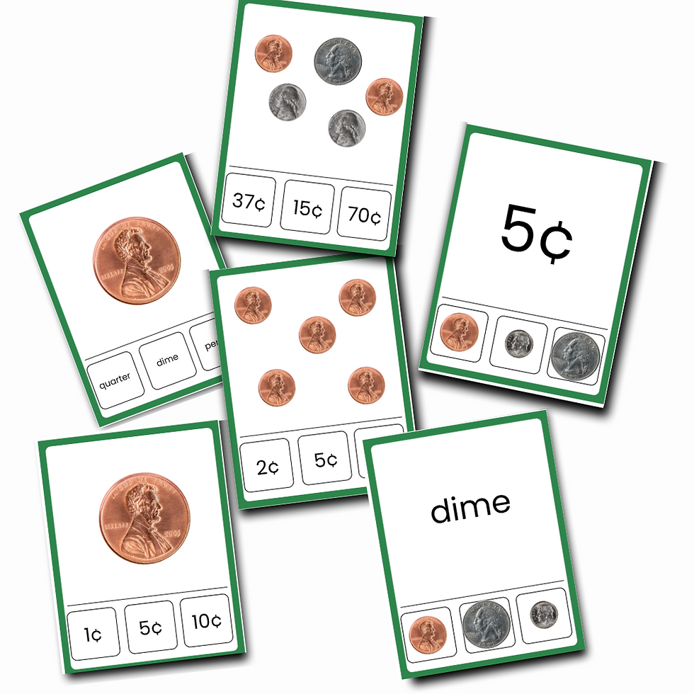 6 green rimmed flashcards with images of coins