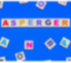 Wooden tiles spell "ASPERGER" on a blue background. Tiles have colorful letters. Random single tiles are scattered around.