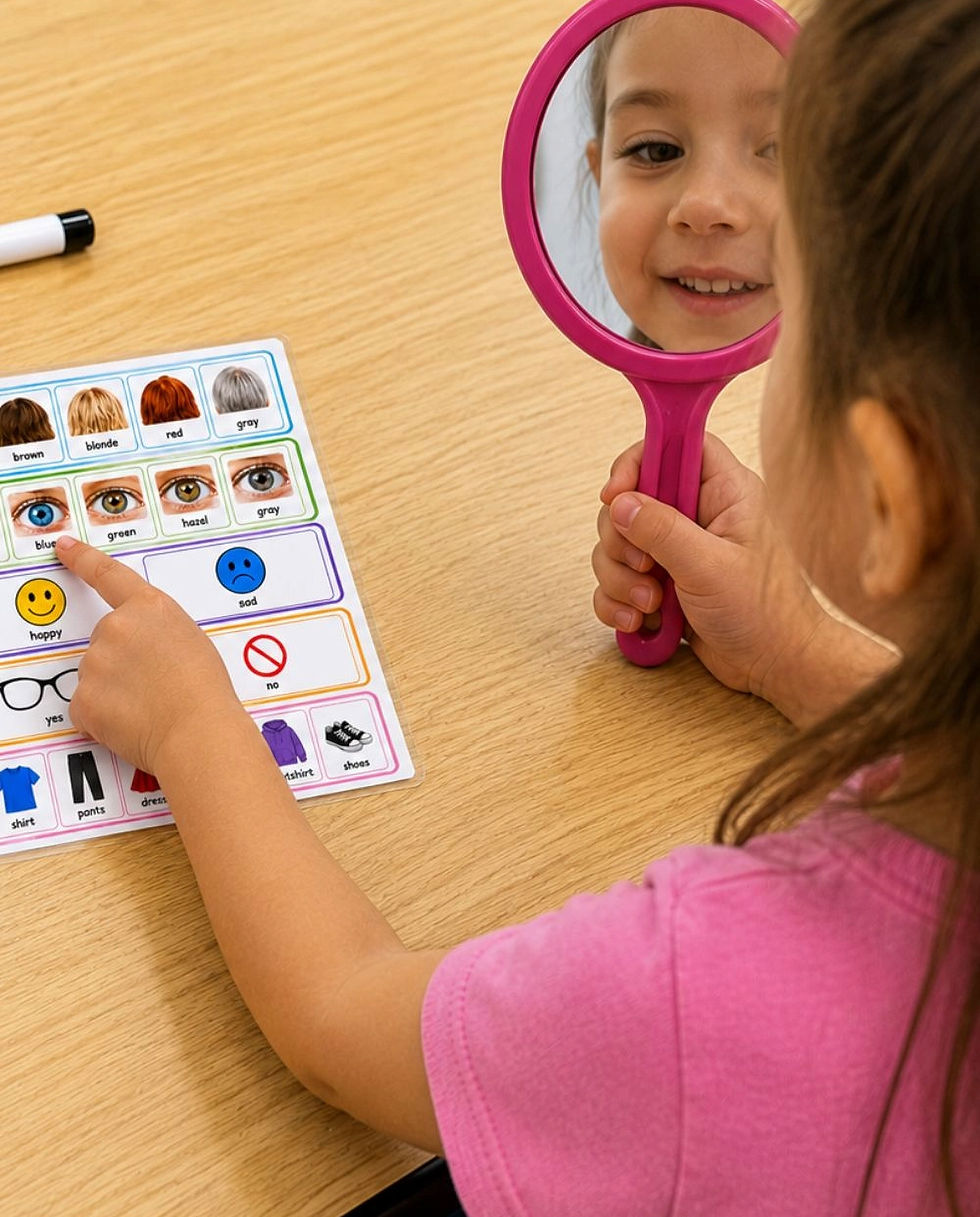 Child in pink shirt uses a pink mirror and points to a picture chart with colors, eyes, emotions, and clothes on a table.