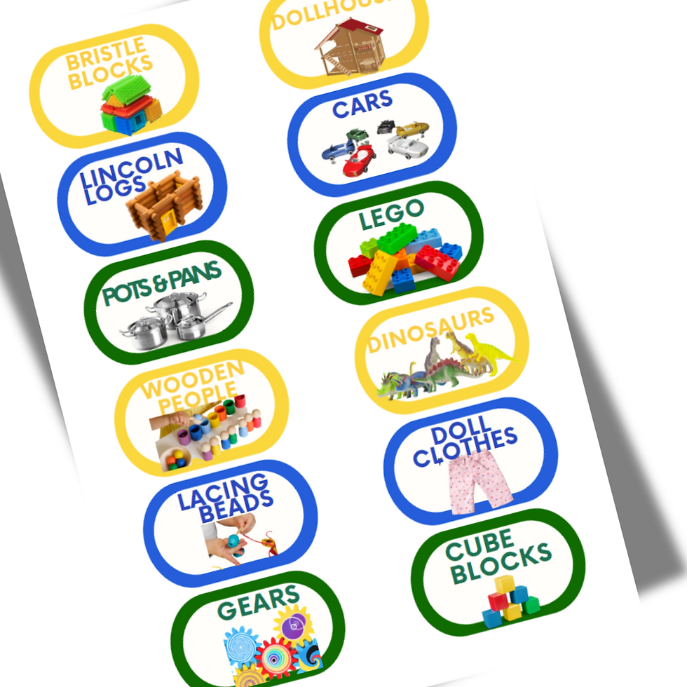 a page of images in oval shapes with images of common toys such as cars, Lego, doll clothes, and cube blocks.
