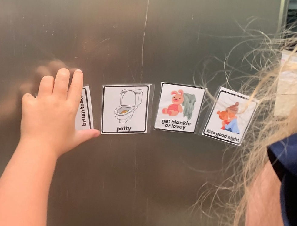 child checking a horizontal visual schedule for bedtime that is mounted with magnets on the refrigerator and includes the pictures of potty, lovey, and kiss goodnight