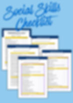 Free Social Skills Checklist featuring five kindergarten social skills sheets with blue headers on a light blue background.