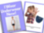 Child in underwear on left page with purple background titled "I Wear Underwear Now!" Right page: girl with outstretched hand, navy briefs.