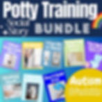 Potty Training Social Story Bundle image with colorful cards showing various potty training steps and actions. Text: Autism lifeskills.