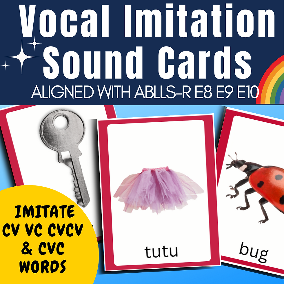Vocal Imitation Sound Cards with images of a key, tutu, and bug. Text: "Aligned with ABLLS-R E8 E9 E10" and "Imitate CV VC CVCV & CVC words."