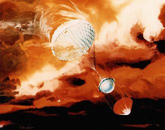 Concepção artística da sonda Galileu entrando na atmosfera de Júpiter.