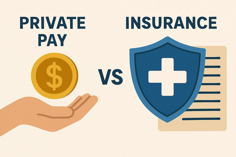Comparison graphic showing private pay out-of-network cash-based physical therapy versus in-network insurance-based physical therapy