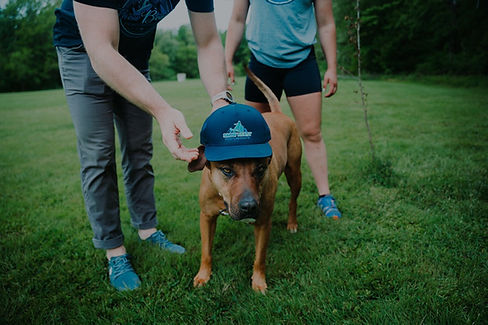 A dog wearing a Snowbeast Performance hat with two athletes standing by on a Spring morning