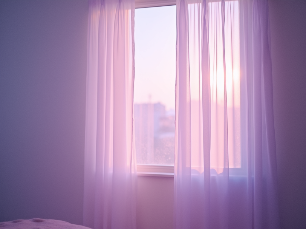 Soft purple ethereal light filtering through white sheer curtains in a misty morning setting.