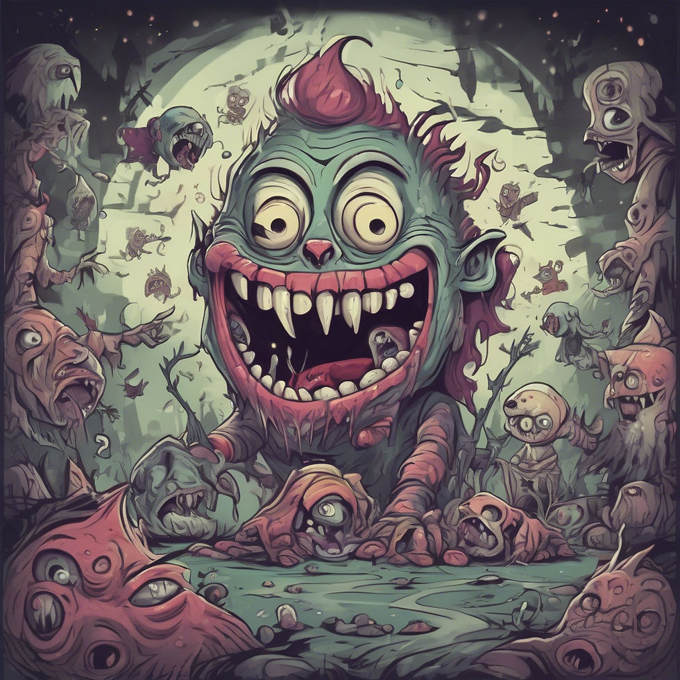 a scary demon clown head with monsters around