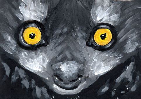 close up painting of an aye-aye with yellow eyes