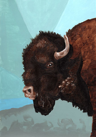 painting of a head of a brown buffalo coming into the page from the right, with a blue geometric background