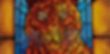 Painting of a red, orange, and yellow stained-glass tiger in front of a blue stained-glass arch, surrounded by yellow stone.