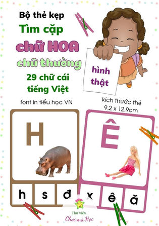 Bộ tìm cặp chữ HOA - chữ thường 29 chữ cái tiếng Việt | Thẻ kẹp | font in tiểu học | 9,2 x 12,9cm