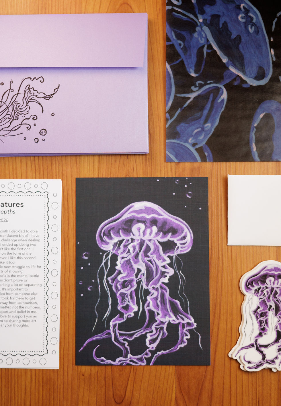 purple envelope, jellyfish print, letter, small envelope, jellyfish sticker