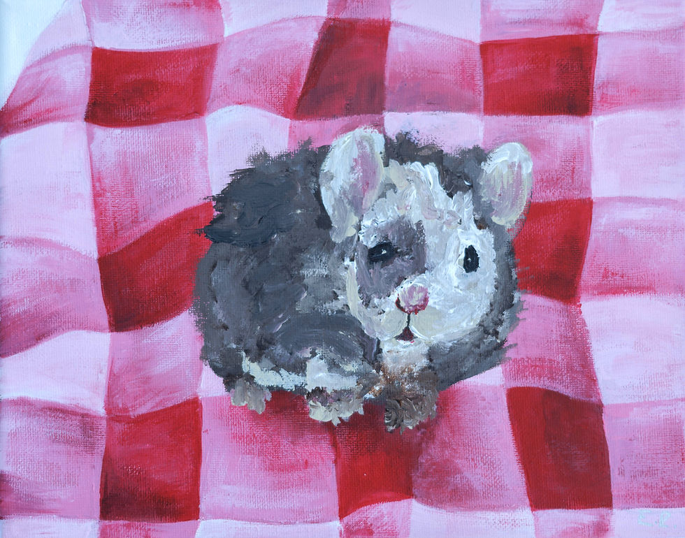 Painting of brown, tan, and white mouse on a red and pink gingham blanket.