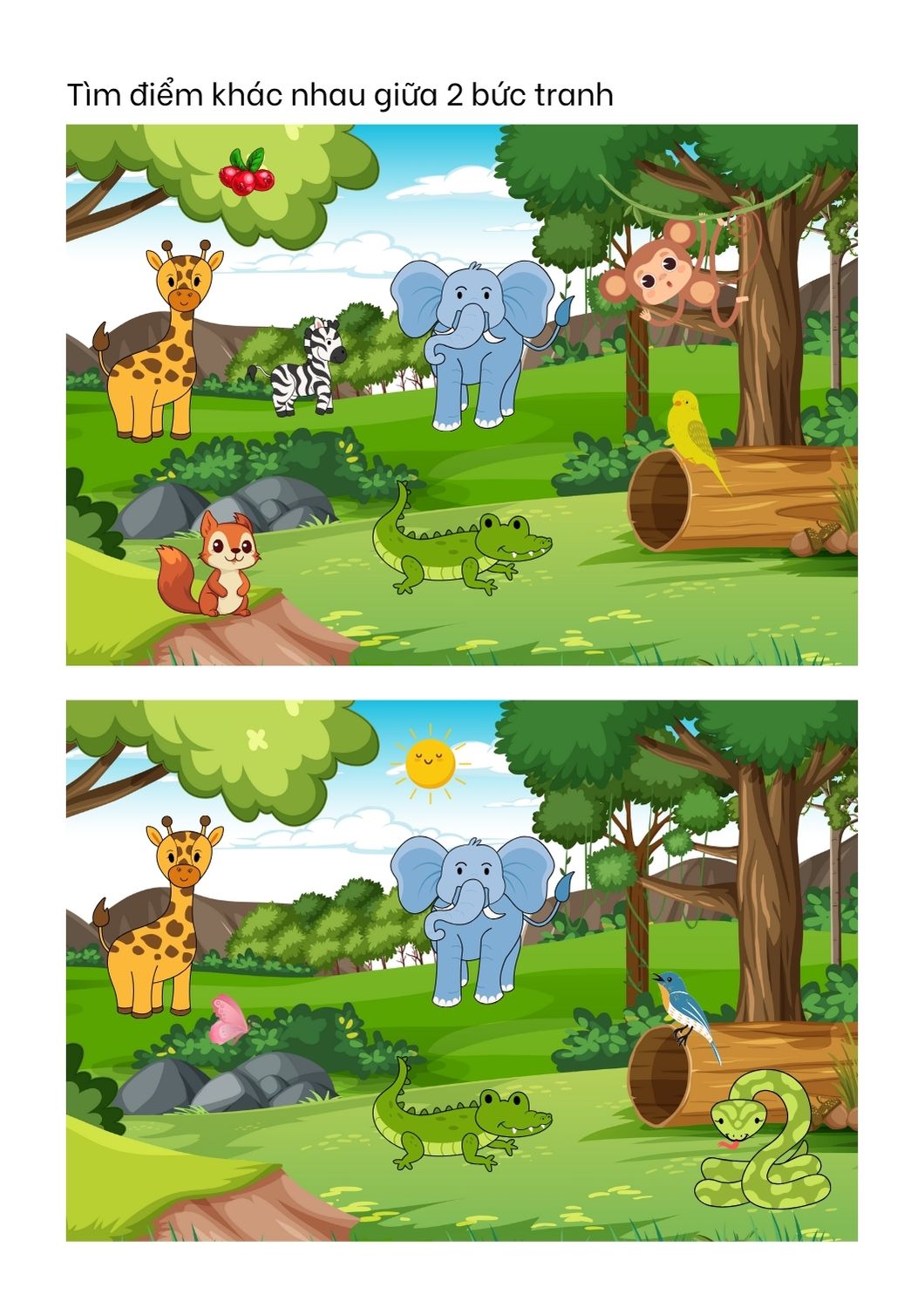có 2 bức tranh trong rừng và nhiều động vật