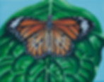 Painting of an orange monarch butterfly sitting on a green leaf with a light blue background.